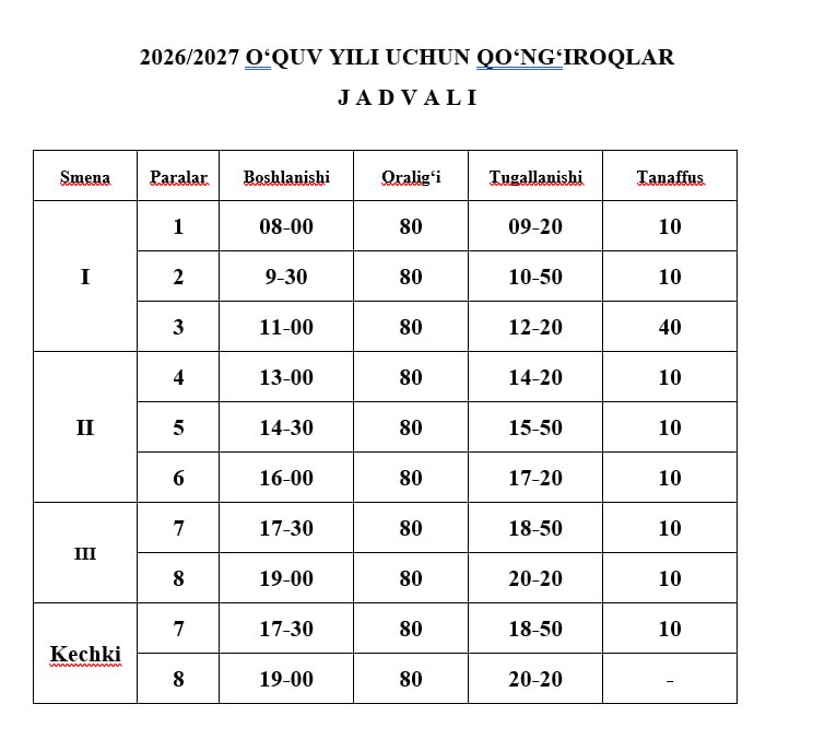 2026/2027 O'QUV YILI UCHUN QO'NG'IROQLAR JADVALI